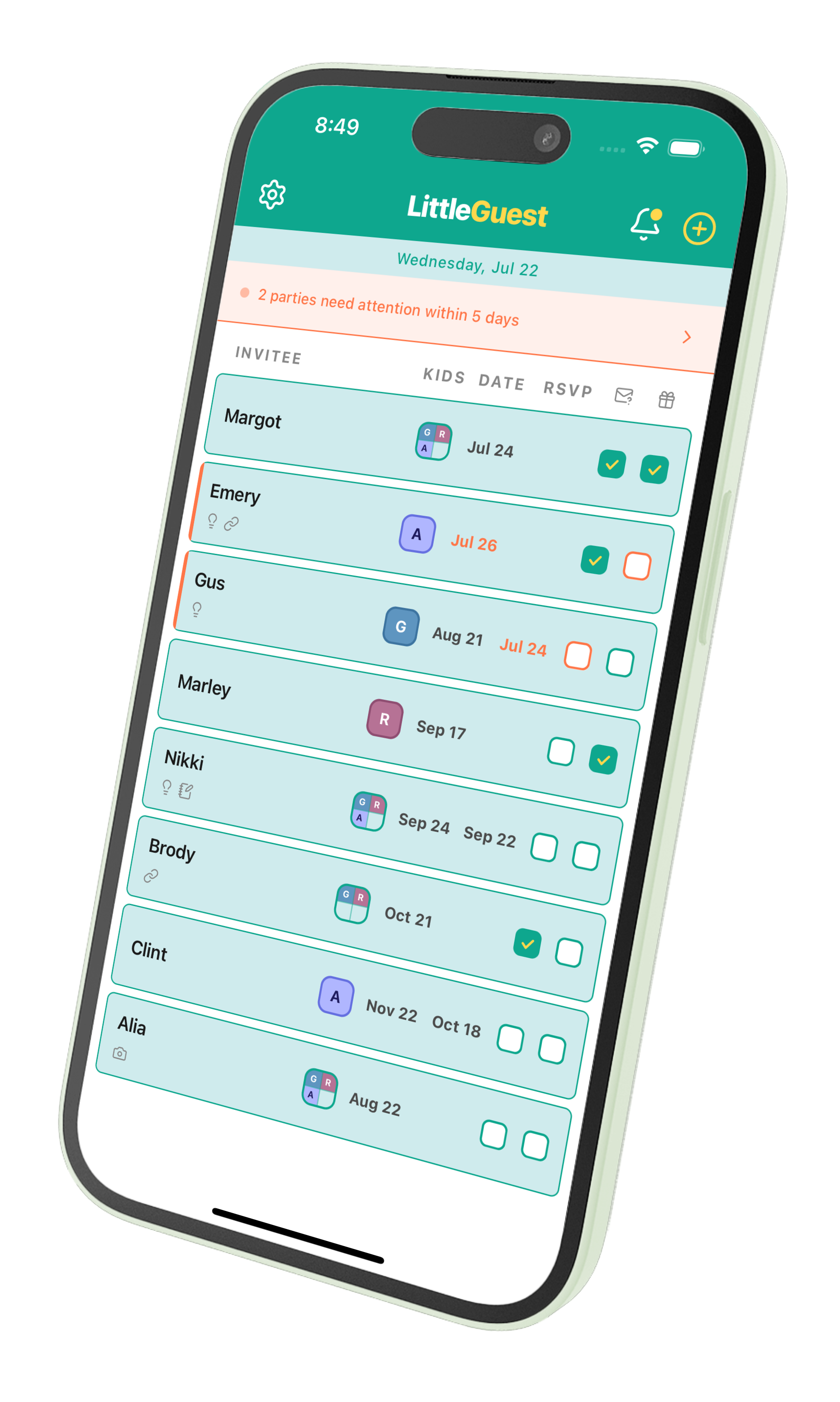 LittleGuest home screen showing a list of upcoming birthday parties with RSVP and gift checkboxes